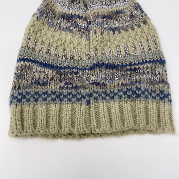 Boutique Striped Knit Beanie Hat with Pom Pom Cream Blue Button Detail - Picture 6 of 6